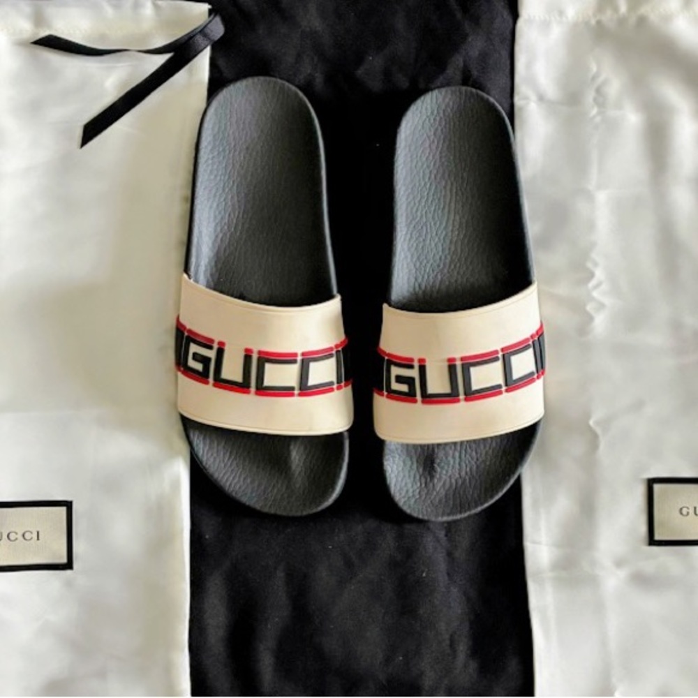 Gucci Black Footbed Cream Strap Slides with Red Logo